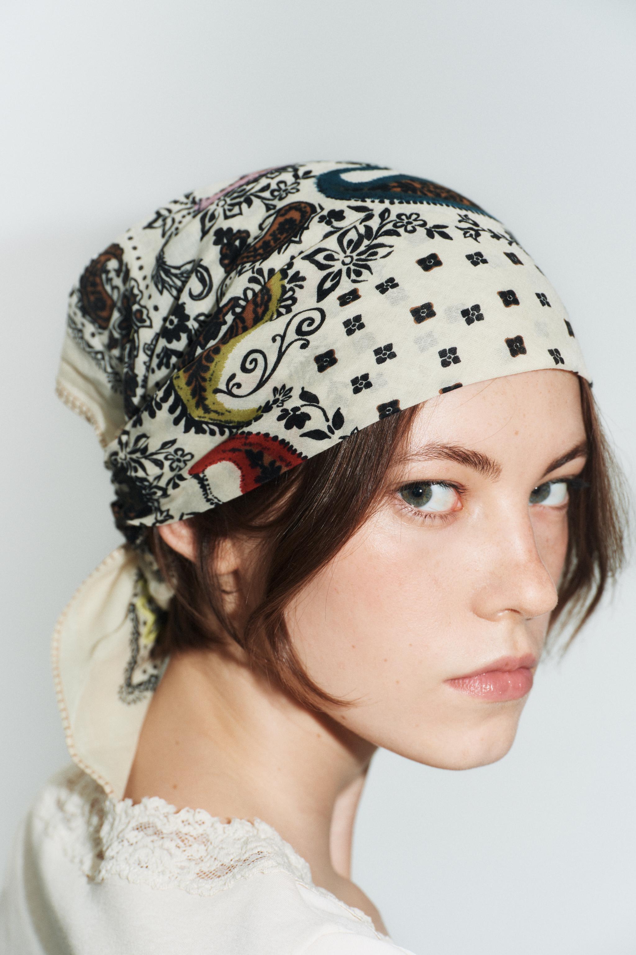 EMBROIDERED PRINTED BANDANA SCARF — Ecru
