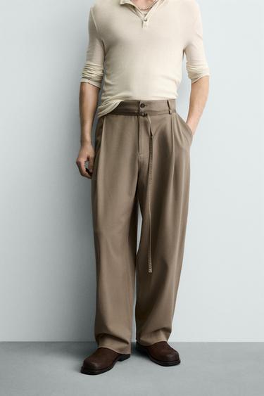 BALLOON FIT TROUSERS WITH PLEATS AND BELT - Brown / Taupe by Zara