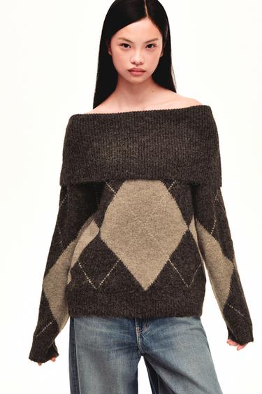 DIAMOND PATTERN STRAPLESS KNIT JUMPER - Grey / Beige by Zara