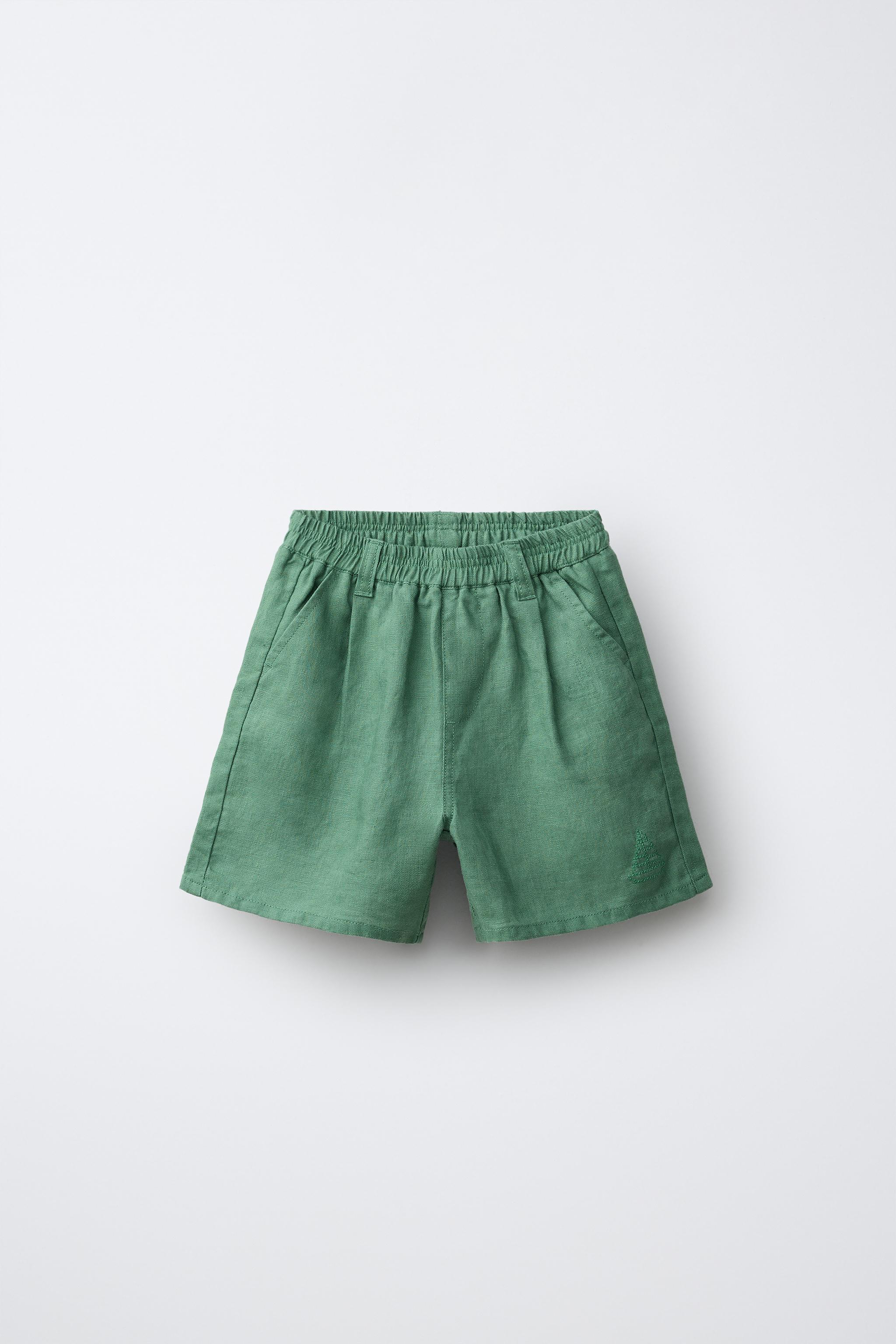 EMBROIDERED 100% LINEN SHORTS — Green
