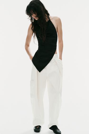 ASYMMETRIC SATIN HALTER TOP - Black by Zara