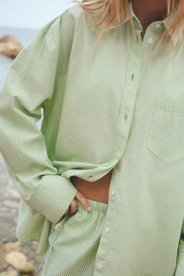 OVERSIZE STRIPED POPLIN SHIRT - Green/White by Zara - Image 1