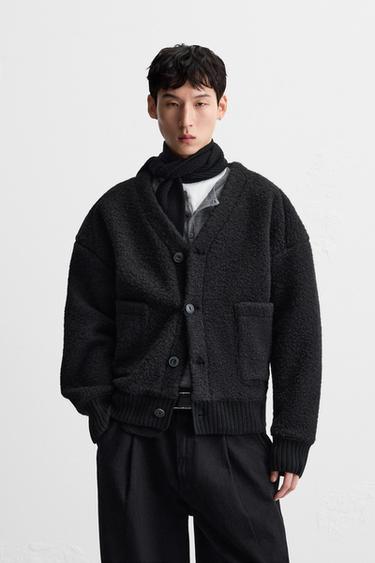 Zara 毛圈紗紋理開襟衫 - 黑色