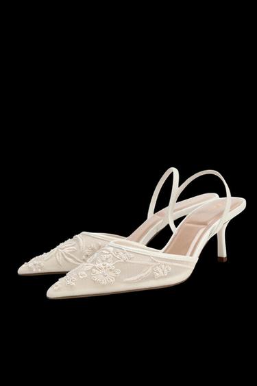 Zara EMBROIDERED MESH SLINGBACKS - White