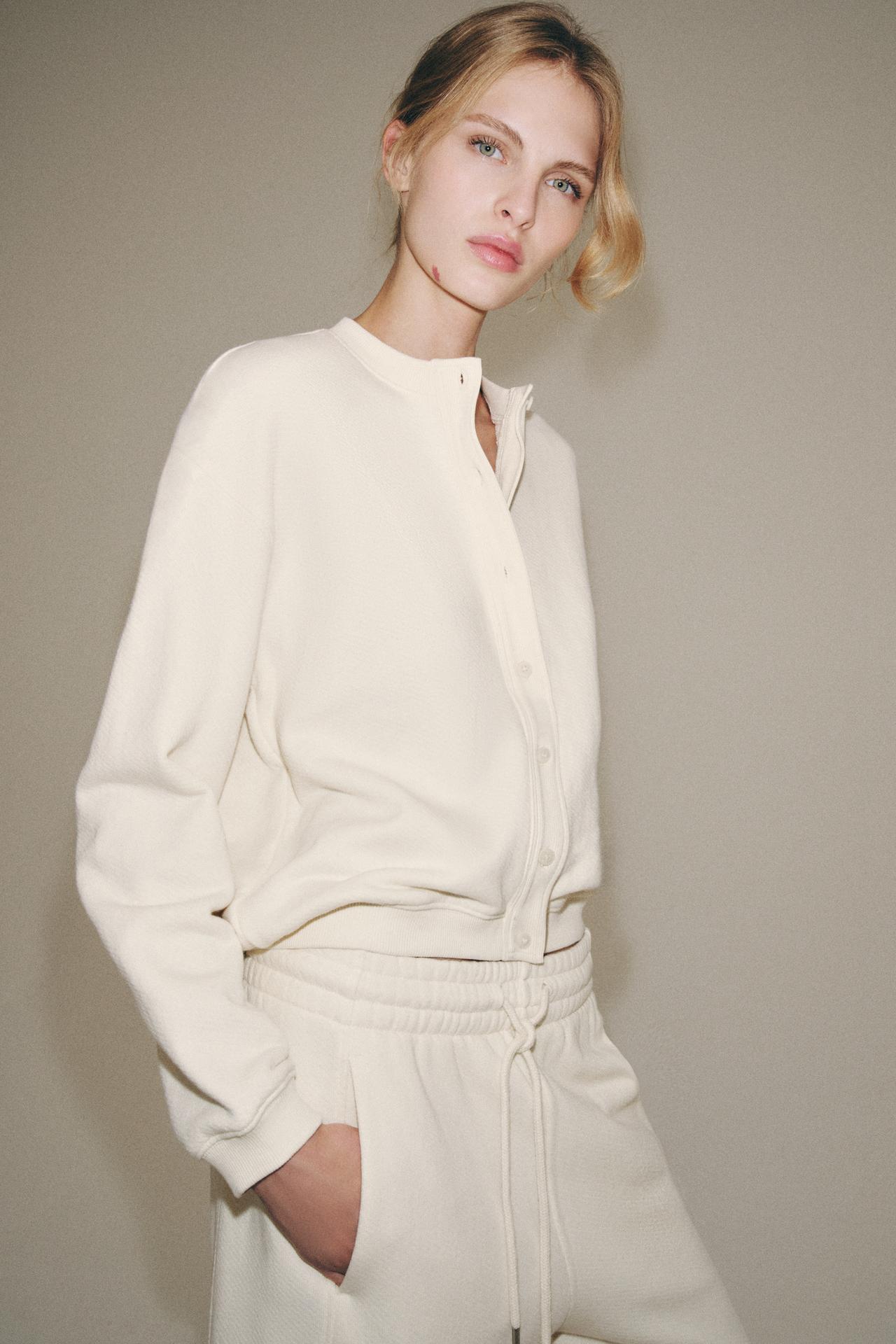 COTTON BUTTON-UP SWEATSHIRT — Ecru