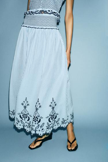 Zara 刺繡格紋中長裙 - 藍色 / 白色