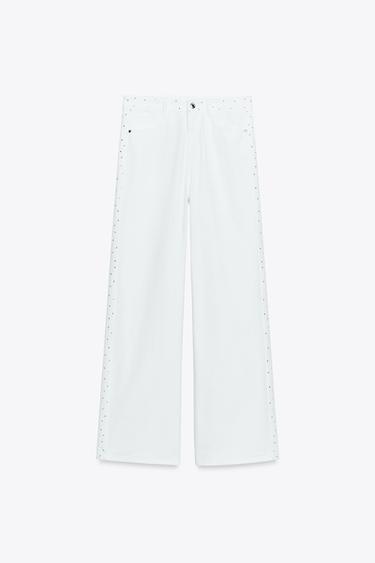 Zara Z1975 HIGH RISE WIDE LEG RHINESTONE JEANS - White - Image 0