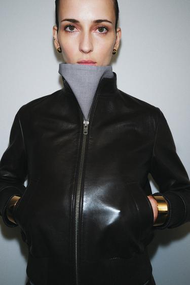 100% LEATHER BOMBER JACKET ZW COLLECTION - Brown by Zara - Image 4