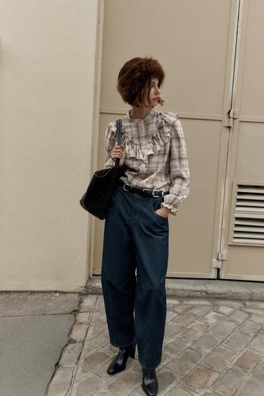 CHECK SHIRT WITH RUFFLES - Ecru / Brown by Zara