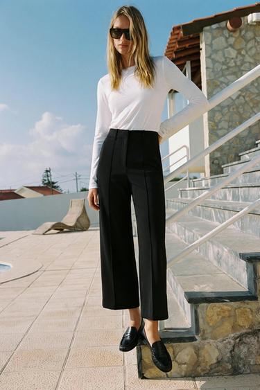 CROPPED WIDE-LEG TROUSERS — Black 1