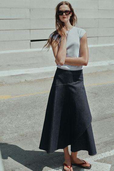Z1975 LAYERED DENIM MIDI SKIRT WITH RUFFLE - Blue by Zara