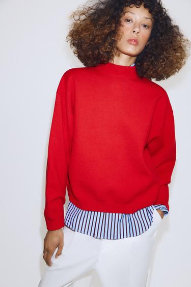 Zara PLAIN HIGH-NECK SWEATSHIRT - Red