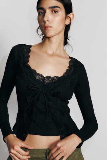 Zara 拼接羅紋開襟衫 - 黑色