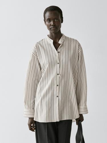 Zara Striped flowing shirt with stand collar - Oyster-white