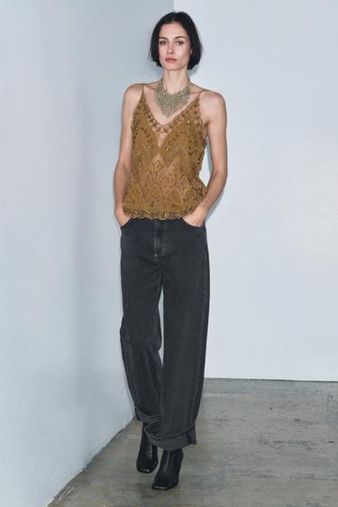 Zara BEADED EMBROIDERED TOP ZW COLLECTION LIMITED EDITION - Gold