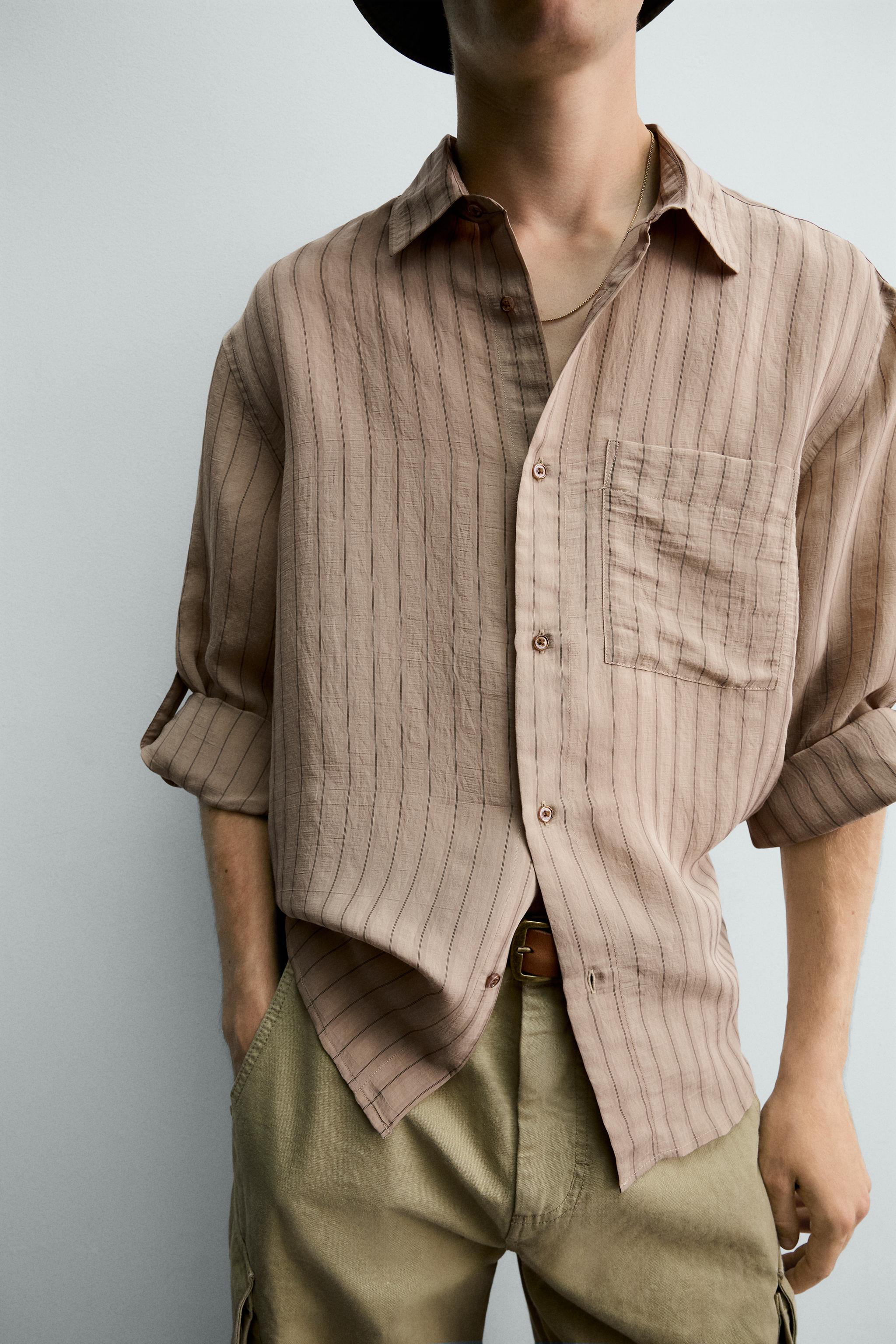 Мужские рубашки Zara STRIPED SHIRT WITH TAB SLEEVES — фото 6