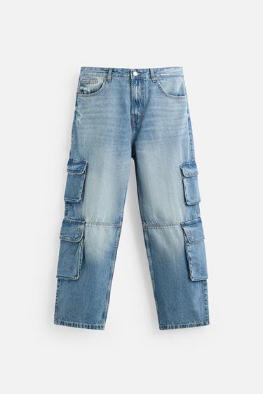 Zara POCKET DENIM CARGO PANTS - Mid-blue