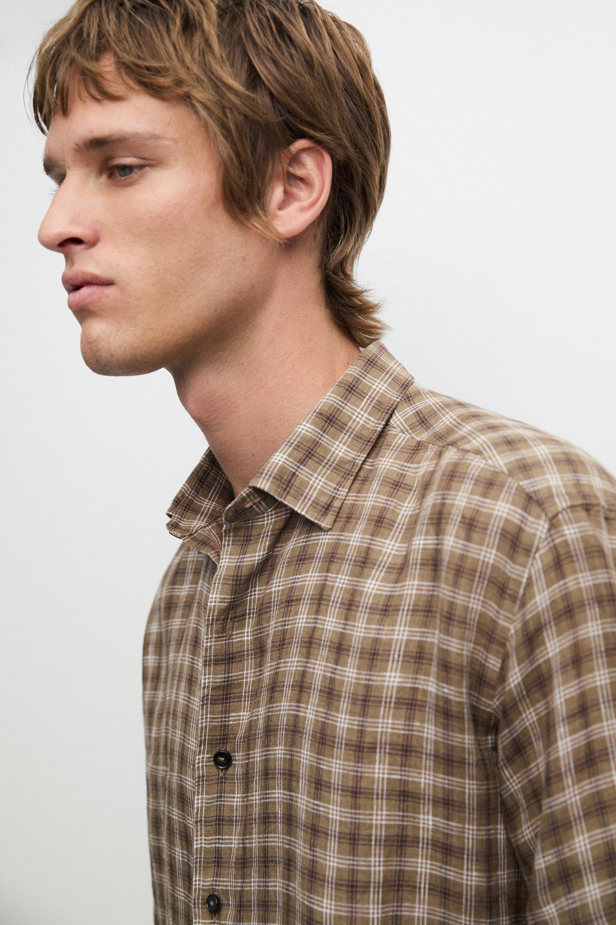 Chemise à carreaux regular fit 100 % lin
