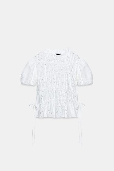TOP WITH GATHERING AND CUTWORK EMBROIDERY - White by Zara - Image 5