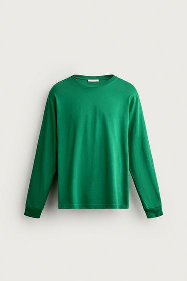 RELAXED FIT LONG SLEEVE T-SHIRT - Green by Zara