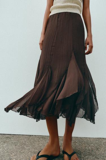 JUPE MI-LONGUE À VOLANTS ET DENTELLE - Marron de Zara - Image 1