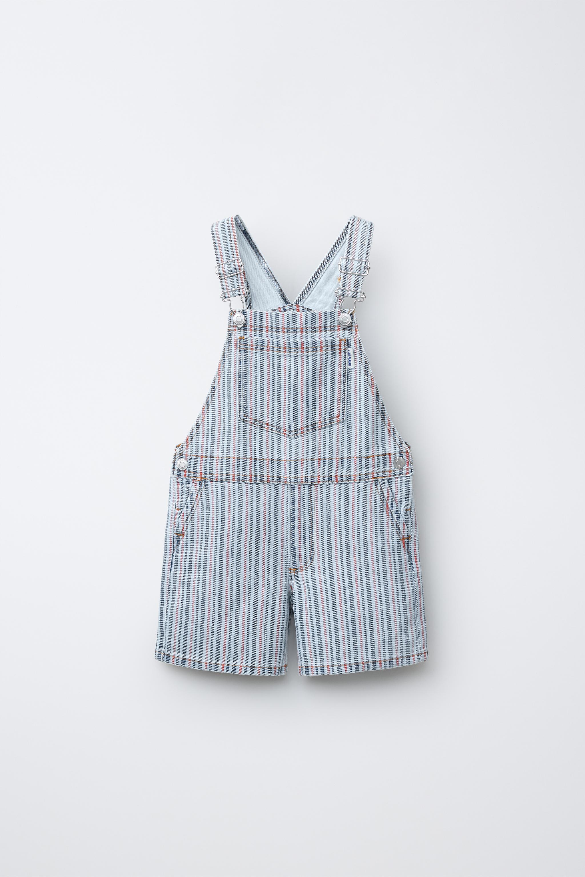 STRIPED DENIM OVERALL SHORTS
