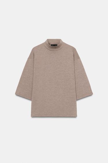 PIQUÉ HIGH NECK T-SHIRT - Light brown by Zara