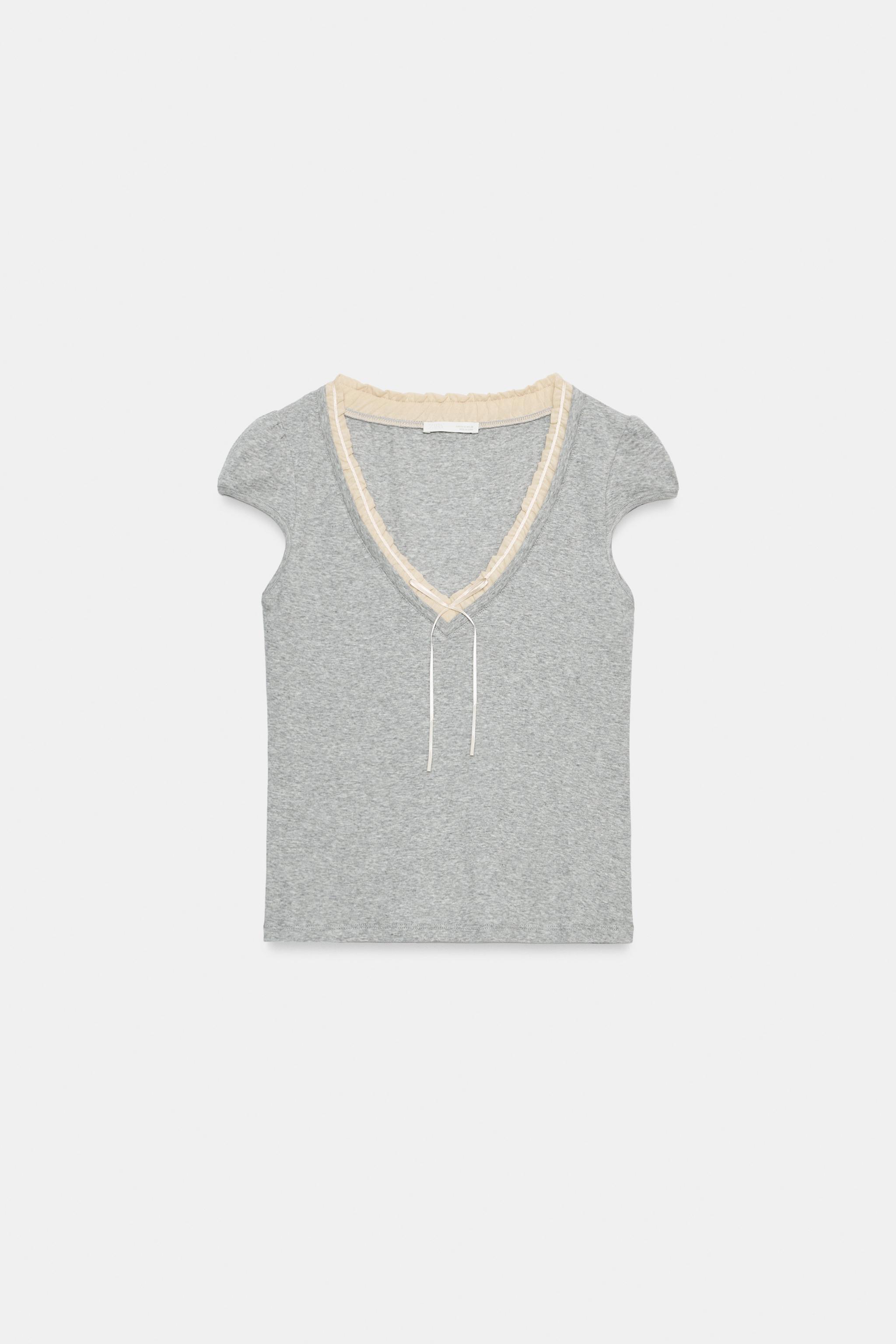 Zara KONTRAST V YAKA T-SHIRT görsel 7