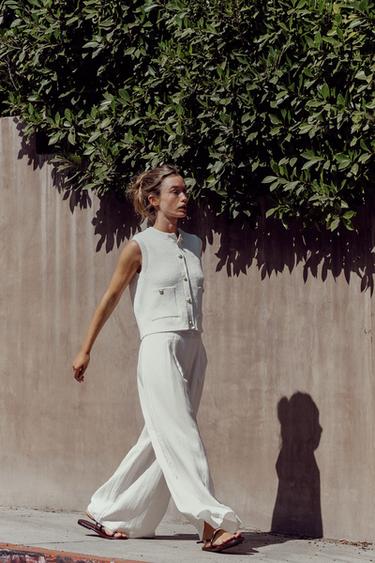 PANTALON LARGE À PINCES - Blanc cassé de Zara