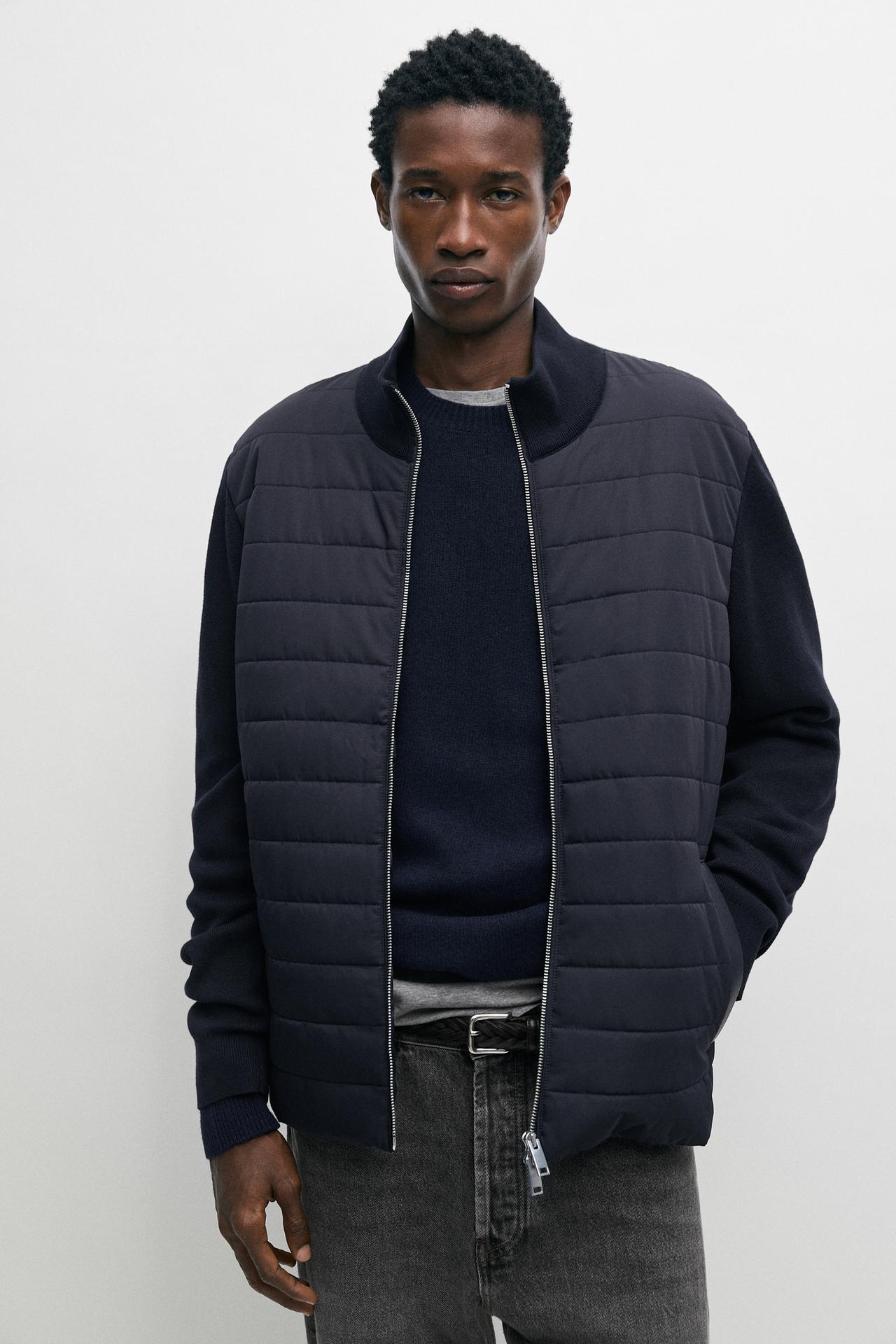 Blended fabric stand-collar cardigan — Navy blue
