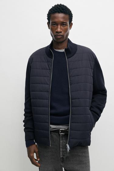 Blended fabric stand-collar cardigan — Navy blue 2