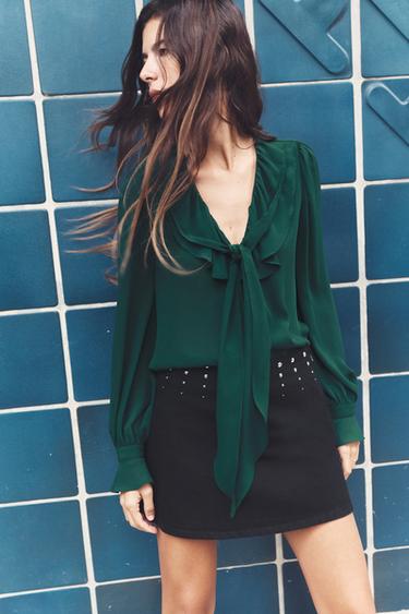 ROMANTIC BLOUSE WITH TIED DETAIL - Bottle green by Zara - Image 0