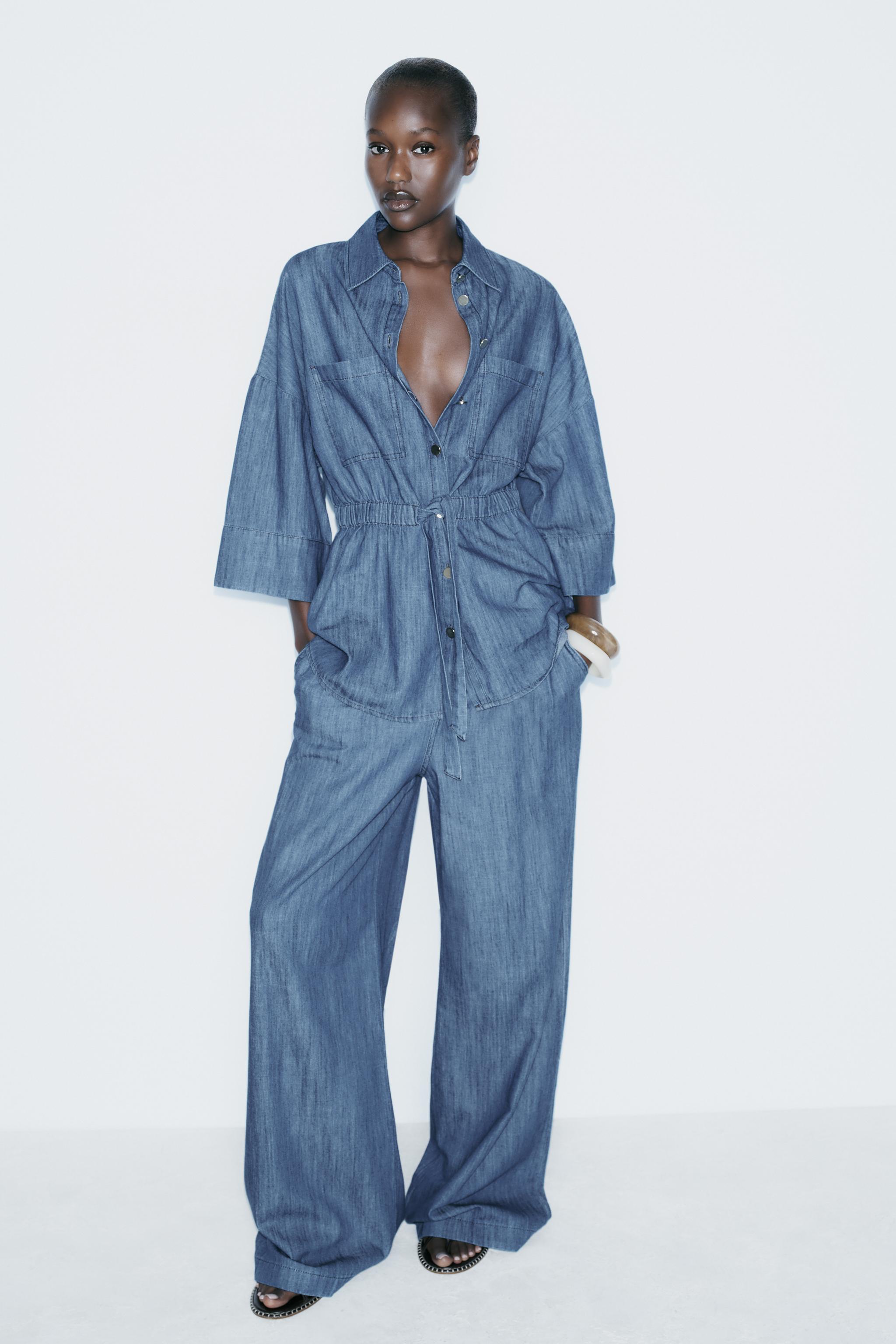 Z1975 FLOWY WIDE LEG DENIM PANTS - Mid-blue | ZARA United States