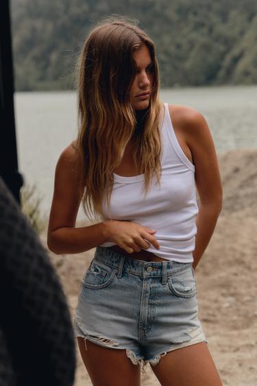 Zara CURVED HIGH-WAISTED DENIM SHORTS - Light blue - Image 0