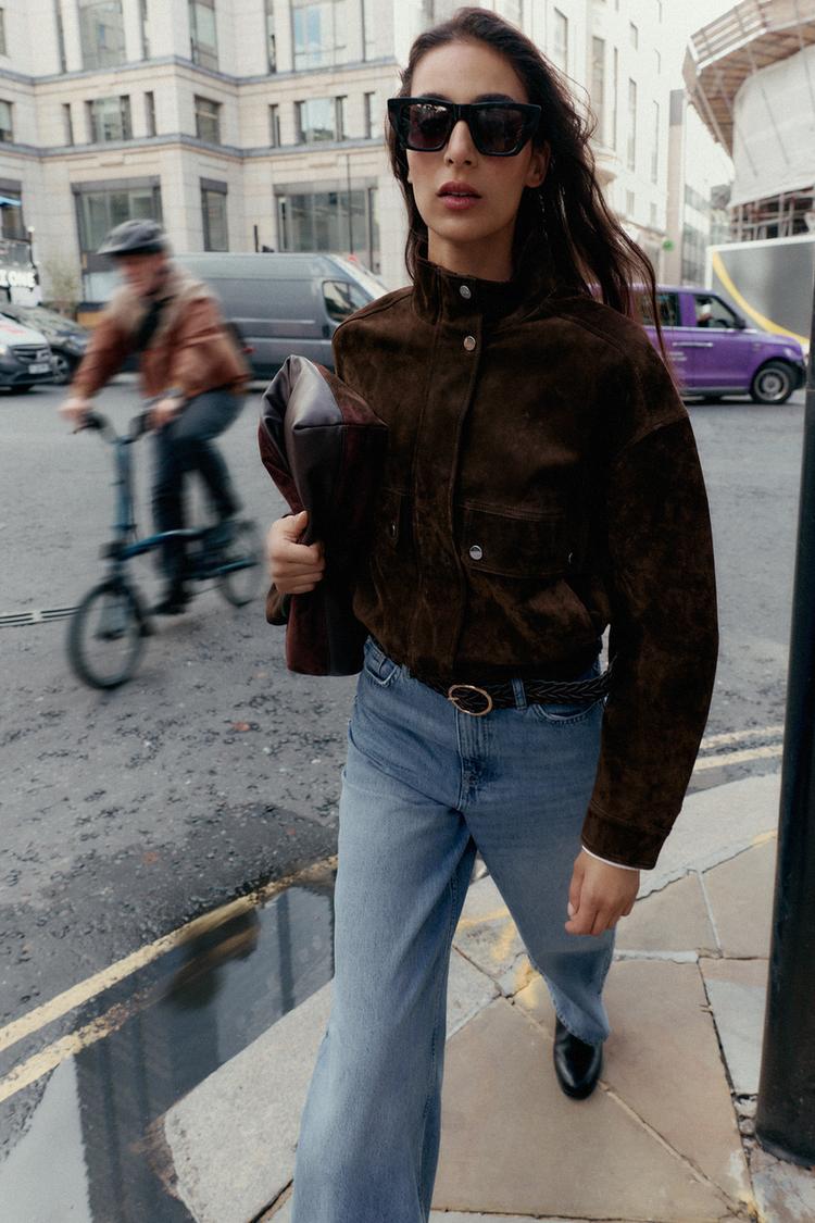 SUEDE LEATHER BOMBER JACKET WITH POCKETS