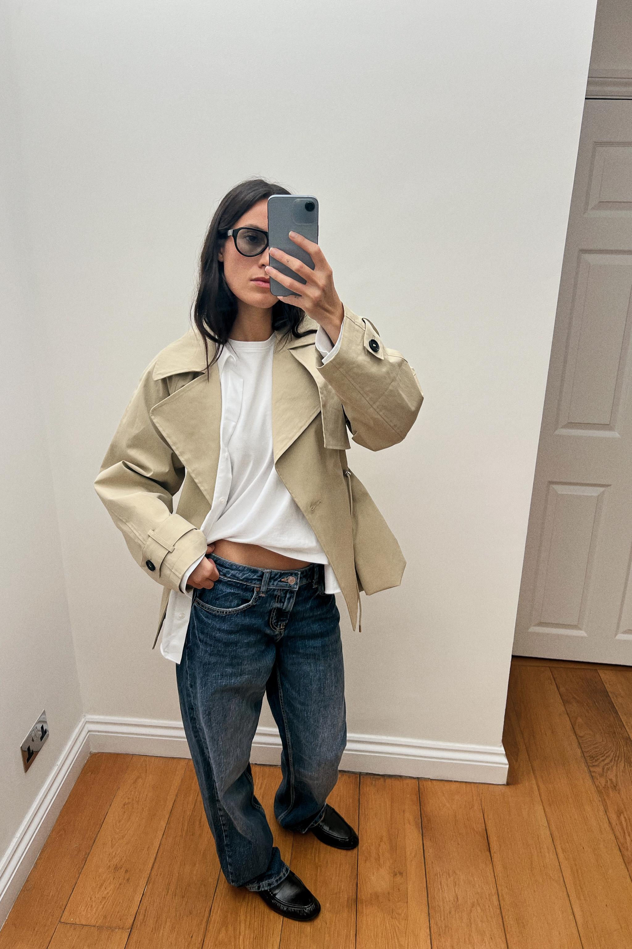 DOUBLE-BREASTED DRAWSTRING TRENCH JACKET — Ecru / Beige
