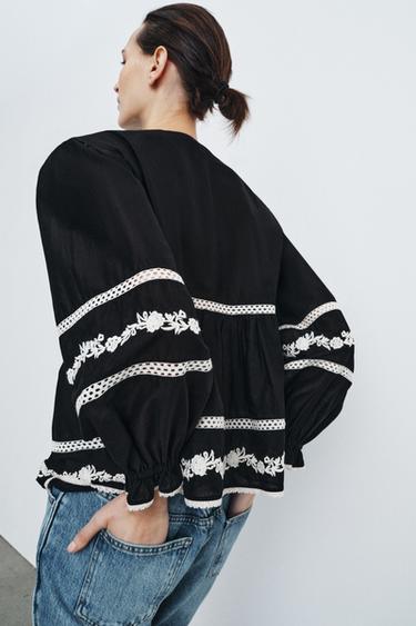 EMBROIDERED BLOUSE ZW COLLECTION - Black / White by Zara - Image 2