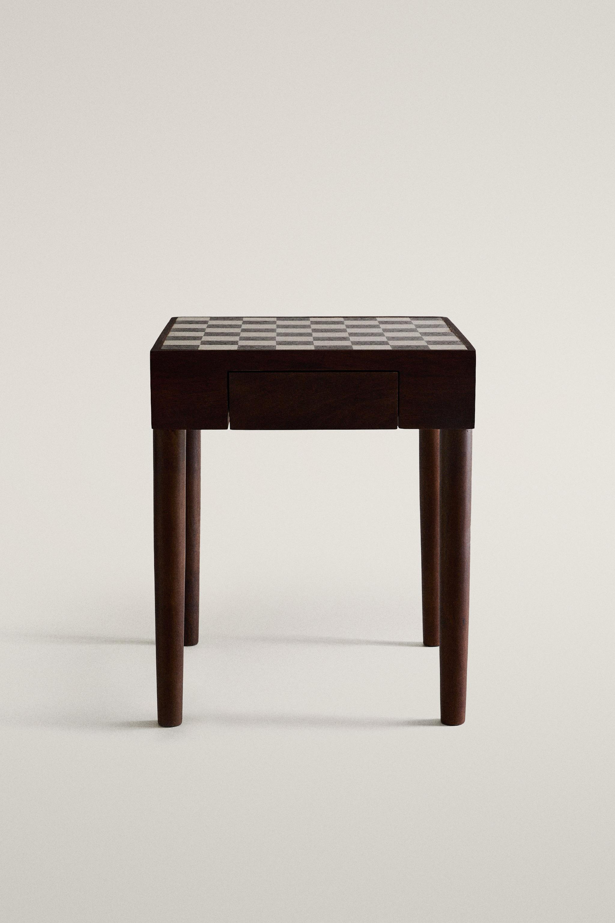 TEAK SIDE TABLE WITH MARBLE CHESS TOP