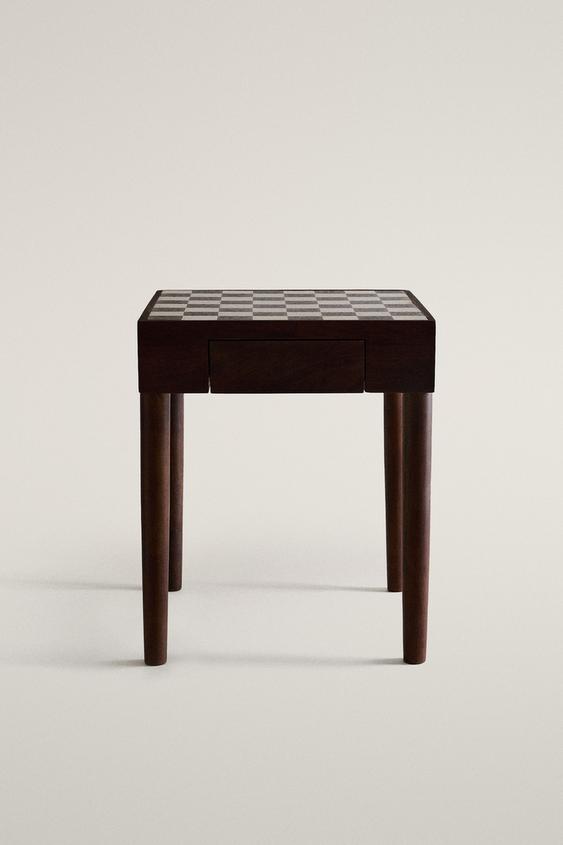 TEAK SIDE TABLE WITH MARBLE CHESS TOP - Black / White by Zara - Image 0