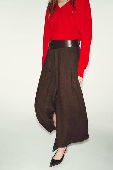 FALDA MIDI CINTURÓN - Marrón de Zara
