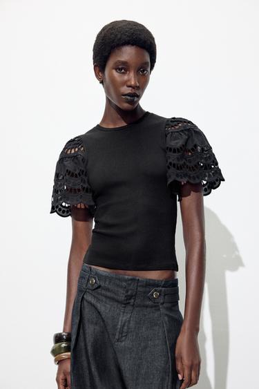 HAUT À MANCHES BRODÉES - Noir de Zara - Image 1