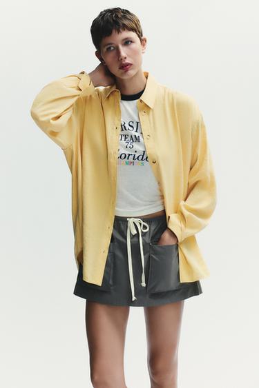 ÁO SƠ MI OVERSIZE VẢI RŨ - Màu vàng mù tạt từ Zara