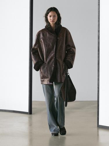 Zara Mouton leather coat with crackled finish - Brown - Image 0