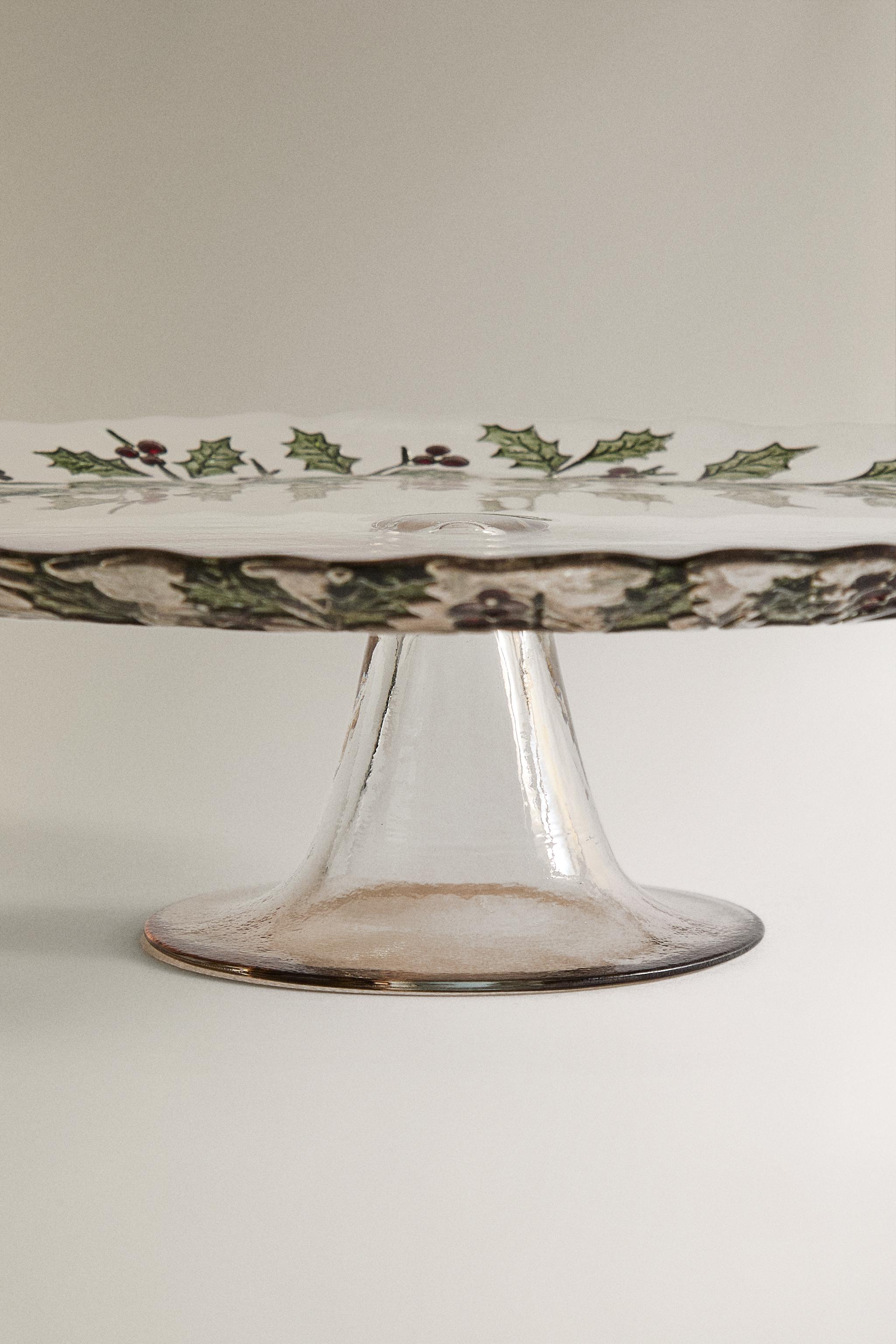 CHRISTMAS HOLLY LEAF GLASS CAKE DISH