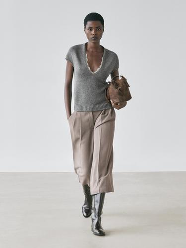 Pull en maille à manches courtes et dentelle - Gris moyen de Zara - Image 0