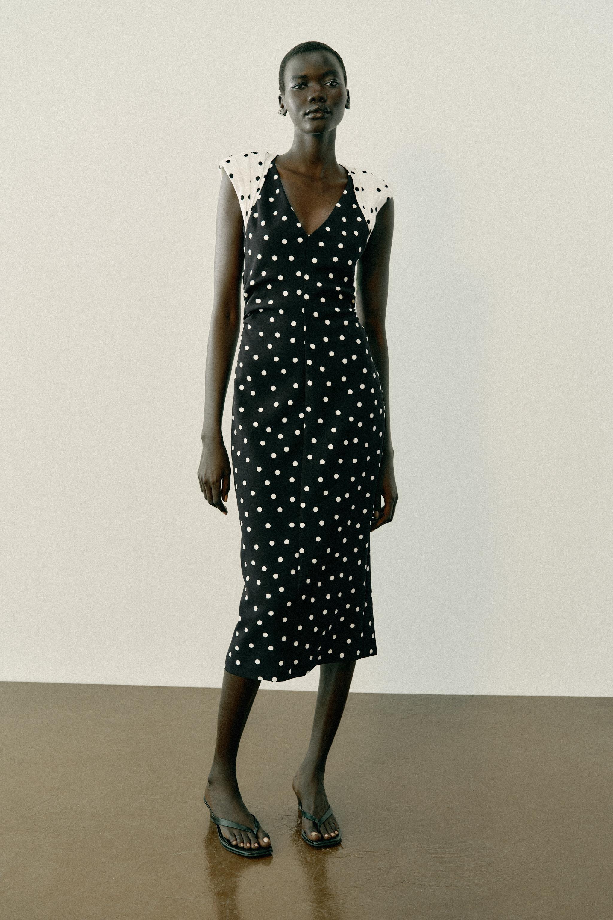 POLKA DOT MIDI DRESS WITH SHOULDER PADS