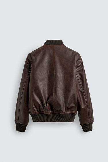 WAXED LEATHER BOMBER JACKET - Dark brown by Zara - Image 7
