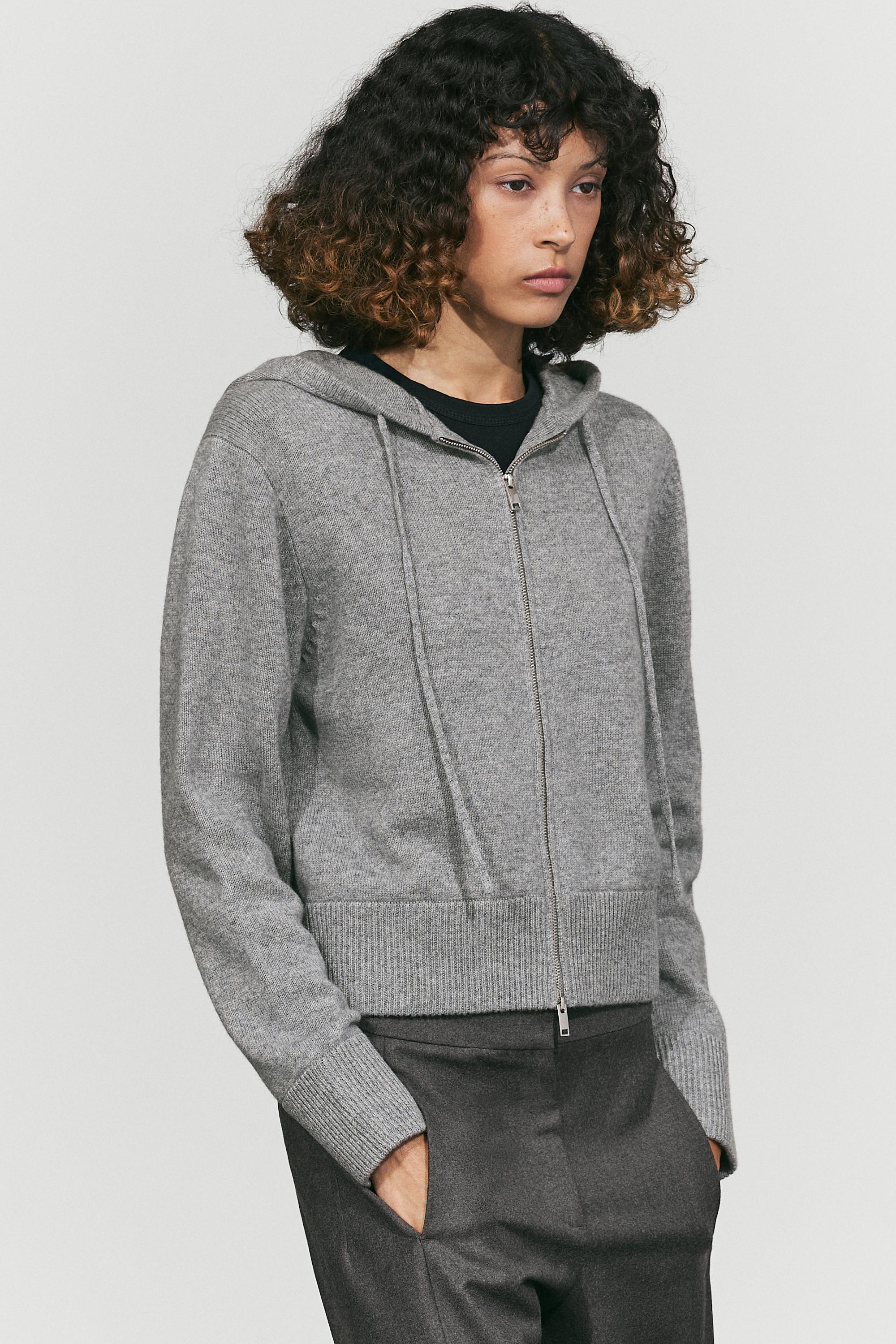 Wool blend hooded knit cardigan — Mid-gray