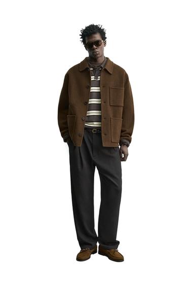 جاكيت قميصي بقصّة عادية 100% صوف - بني داكن الخاص بـ Zara