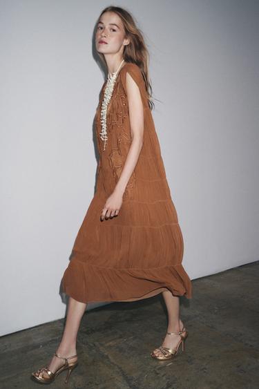 ZW COLLECTION GATHERED EMBROIDERED DRESS - Toffee by Zara